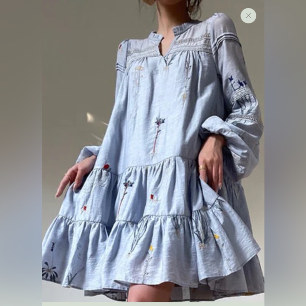 Aconiconi | Blue Hibiscus Embroidery Linen Dress